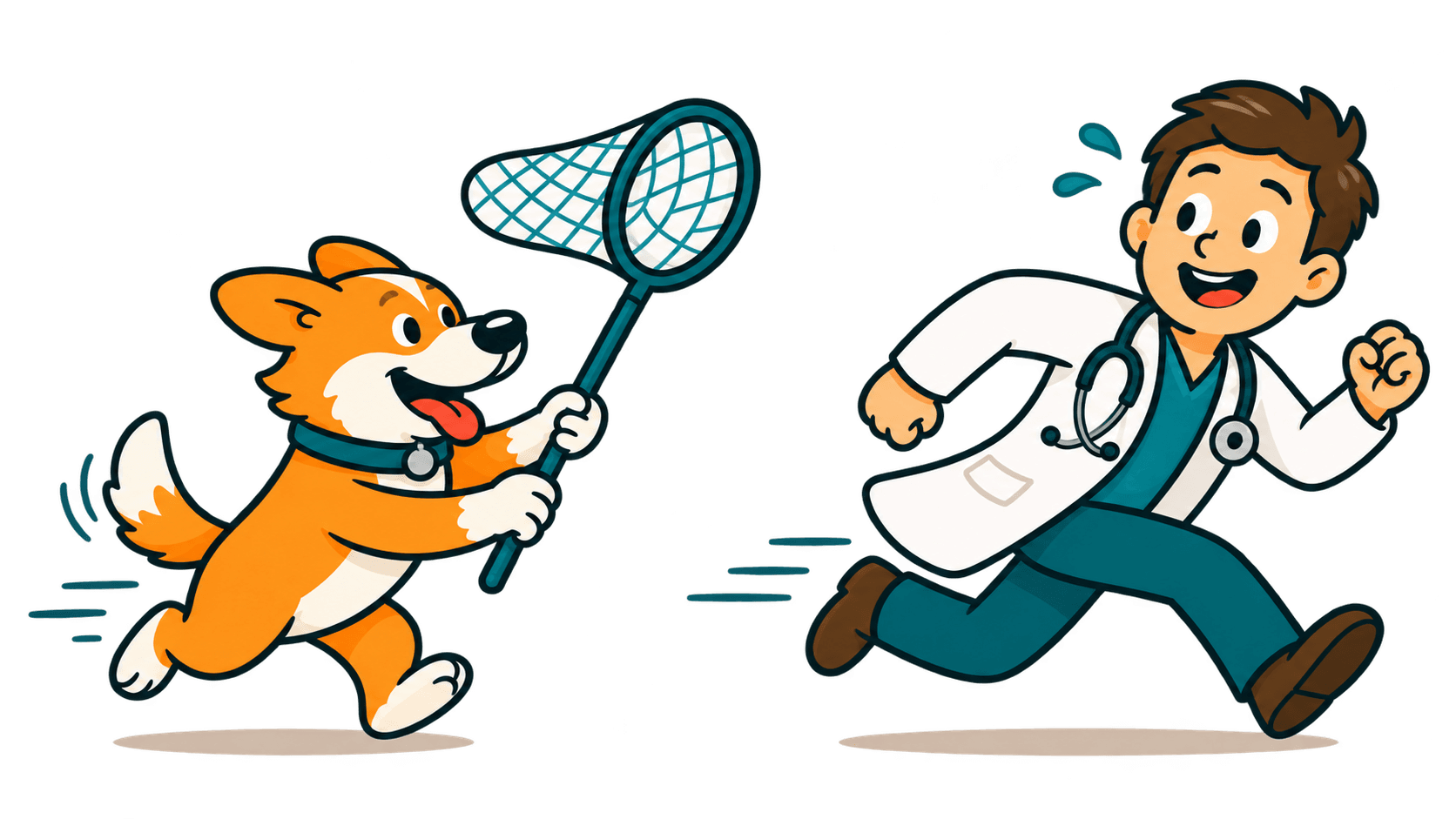 A cartoon dog chasing a veterinarian with a net